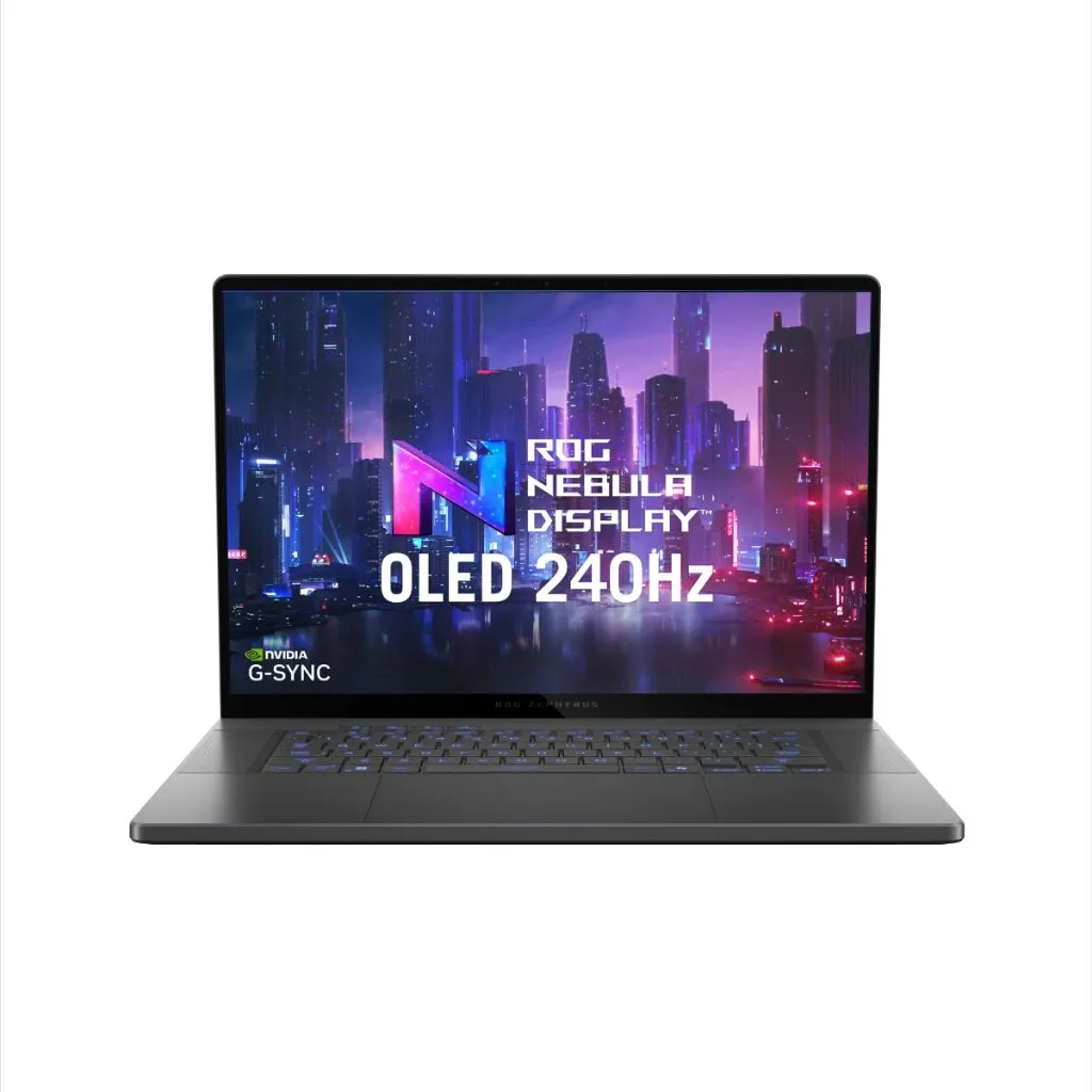 โน๊ตบุ๊คเกมมิ่ง ASUS ROG Zephyrus G16 GA605KM แสดงหน้าจอ ROG Nebula OLED 240Hz เต็มเฟรมด้านหน้า