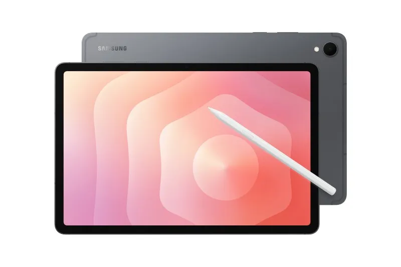 แท็บเล็ต Samsung Galaxy Tab S11 5G 128GB สีเทา วางแนวนอน โชว์หน้าจอและด้านหลัง พร้อม S Pen สีขาว