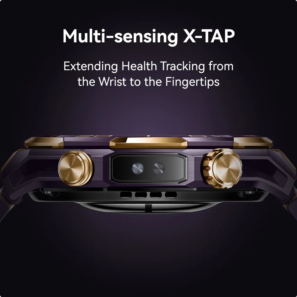 มุมมองด้านข้างอุปกรณ์สวมใส่สีม่วงทอง โชว์โมดูลเซนเซอร์ X-TAP สำหรับแตะวัดค่าด้วยปลายนิ้ว