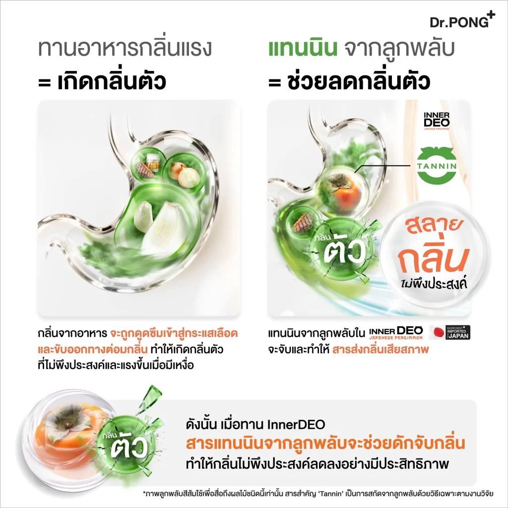 ภาพเปรียบเทียบ อาหารเสริมลดกลิ่นกาย Dr.PONG InnerDeo กับแทนนินจากลูกพลับช่วยจัดการสารต้นเหตุในทางเดินอาหาร