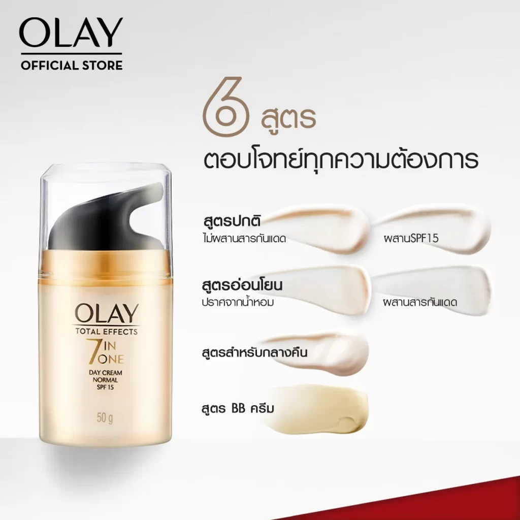 ขวดครีมสีทองเรียงกับปาดครีมสี่เฉดสีเพื่อสื่อถึงสูตรบำรุงผิวที่แตกต่างกันหลายแบบ