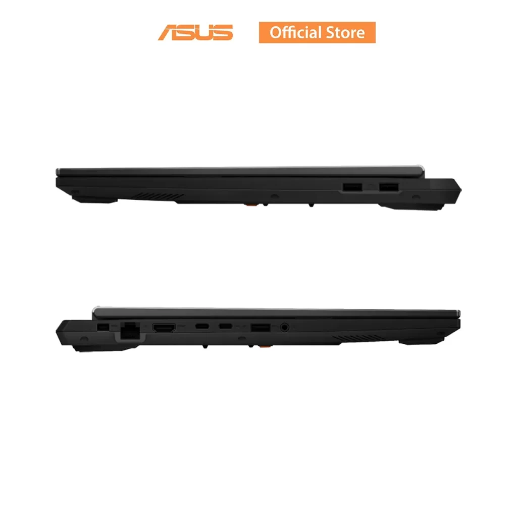 ภาพรวมพอร์ตเชื่อมต่อสองด้านทั้งขณะพับปิดและวางราบ เห็นช่อง HDMI USB และช่องเสียงชัดเจน