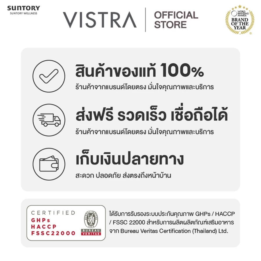 การ์ดข้อมูลบริการร้านค้า ระบุของแท้ จัดส่งรวดเร็ว และมีบริการเก็บเงินปลายทาง พร้อมตรารับรองมาตรฐาน
