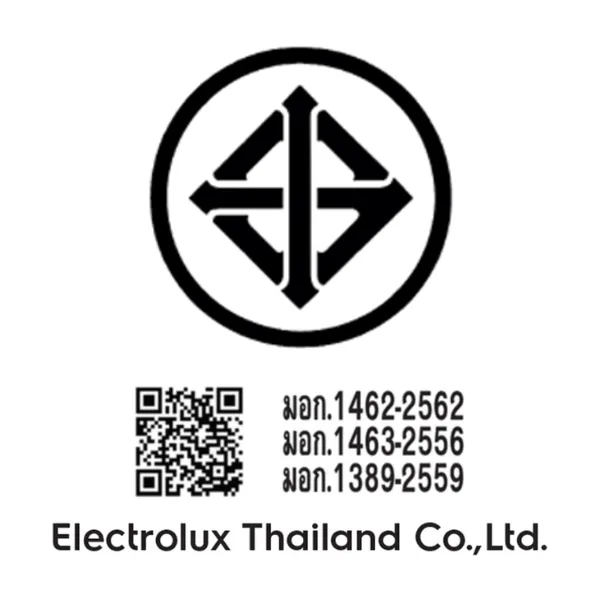 ตราสัญลักษณ์วงกลมสีดำพร้อมคิวอาร์โค้ด และเลขมาตรฐาน มอก. บนพื้นสีขาว