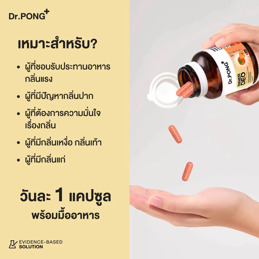 มือเทแคปซูลลงฝ่ามือพร้อมข้อความแนะนำรับประทานวันละ 1 แคปซูลพร้อมมื้ออาหาร