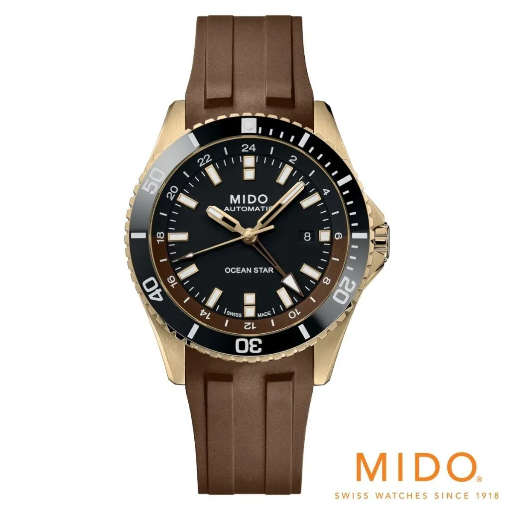 MIDO Ocean Star GMT M0266293729100 หน้าปัดดำ ขอบหมุนดำน้ำ ตัวเรือนสีทอง สายยางสีน้ำตาล