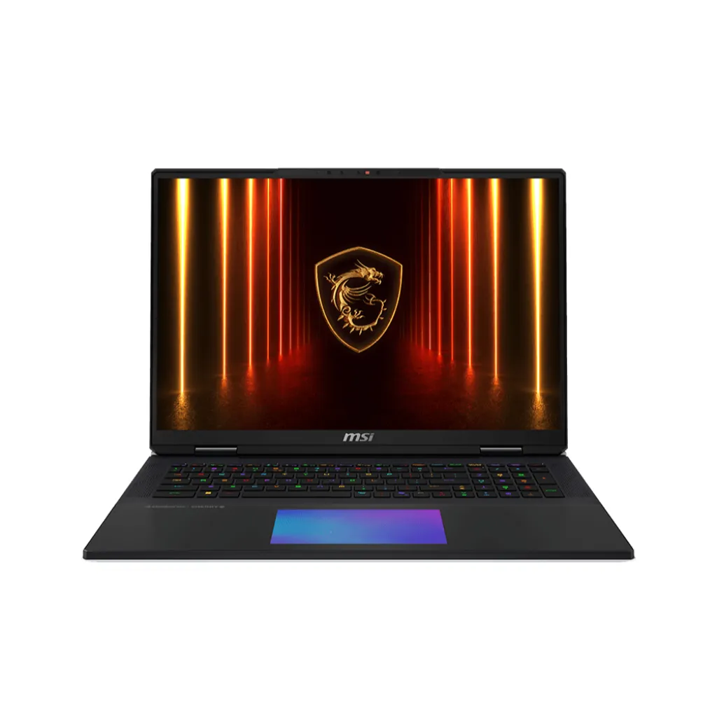 MSI Titan 18 HX RTX 5090 เปิดหน้าจอมุมหน้าตรง เห็นคีย์บอร์ดไฟสีและทัชแพดขนาดใหญ่