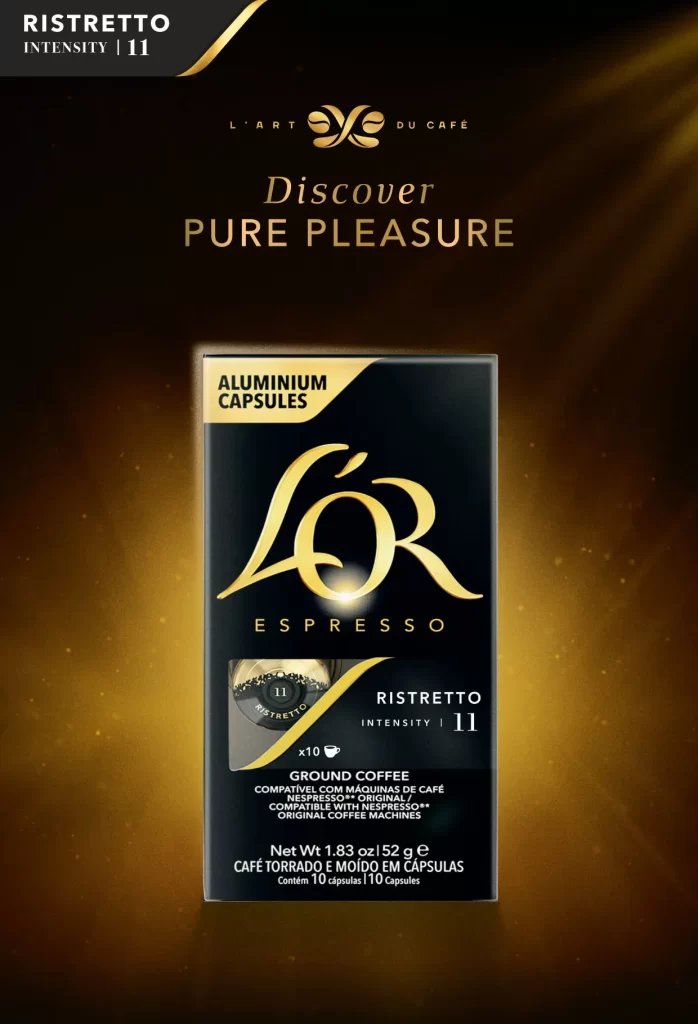 กล่อง กาแฟแคปซูล LOR Ristretto โทนดำทอง ระดับความเข้ม 11 สำหรับช็อตสั้นเข้มข้น