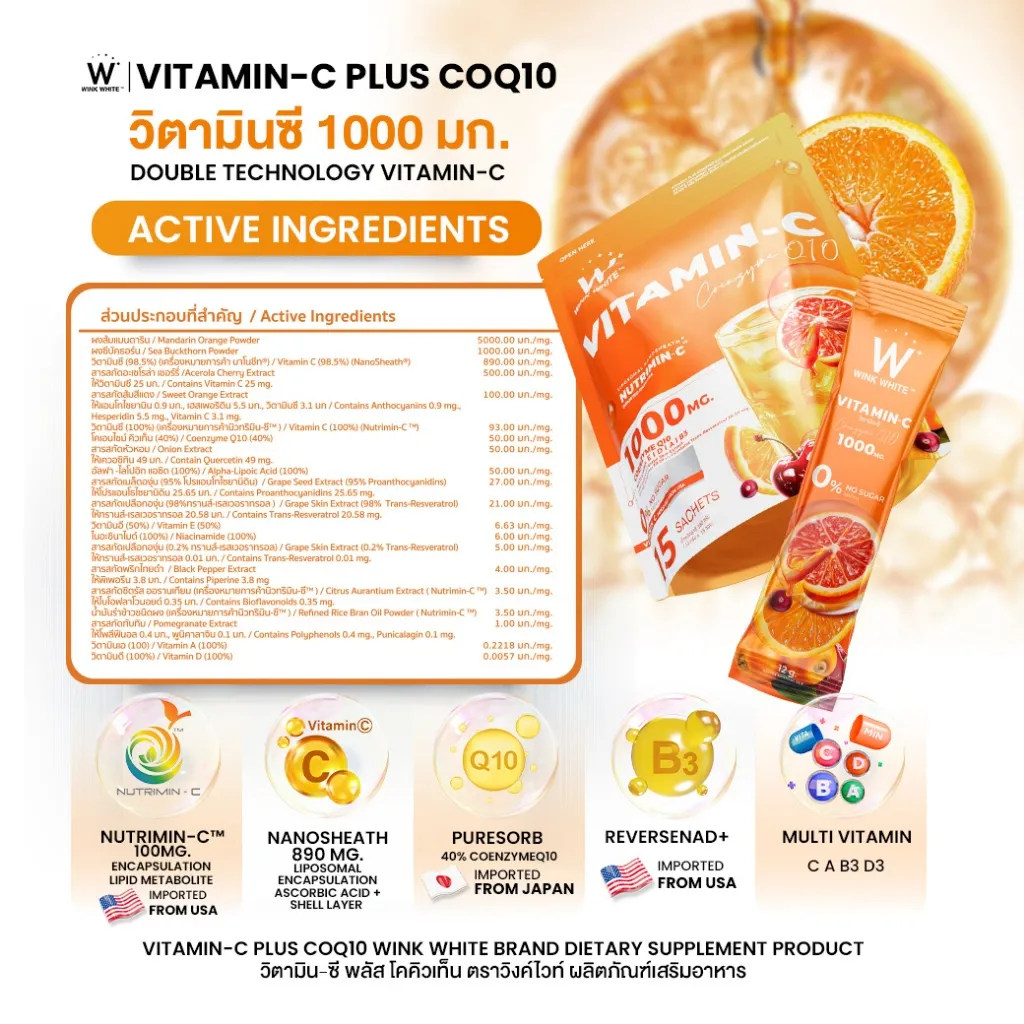 ตารางส่วนผสมและไอคอนสารสกัดของ วิตามินซี WINK WHITE COQ10 PLUS พร้อมซองผลิตภัณฑ์สีส้ม