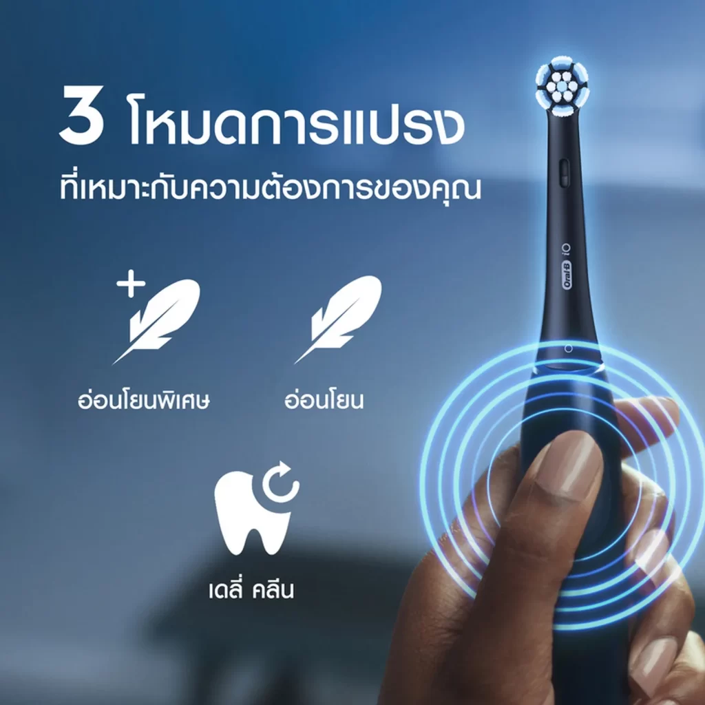 มือจับด้ามอุปกรณ์สีดำบนพื้นหลังน้ำเงิน แสดง 3 โหมดทำความสะอาด อ่อนโยนพิเศษ อ่อนโยน และเดลี่คลีน