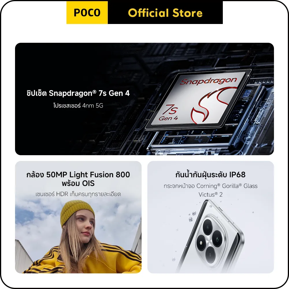 อินโฟกราฟิกสรุปสเปกชิป Snapdragon 7s Gen 4 กล้อง 50MP พร้อม OIS และมาตรฐานกันน้ำกันฝุ่น IP68