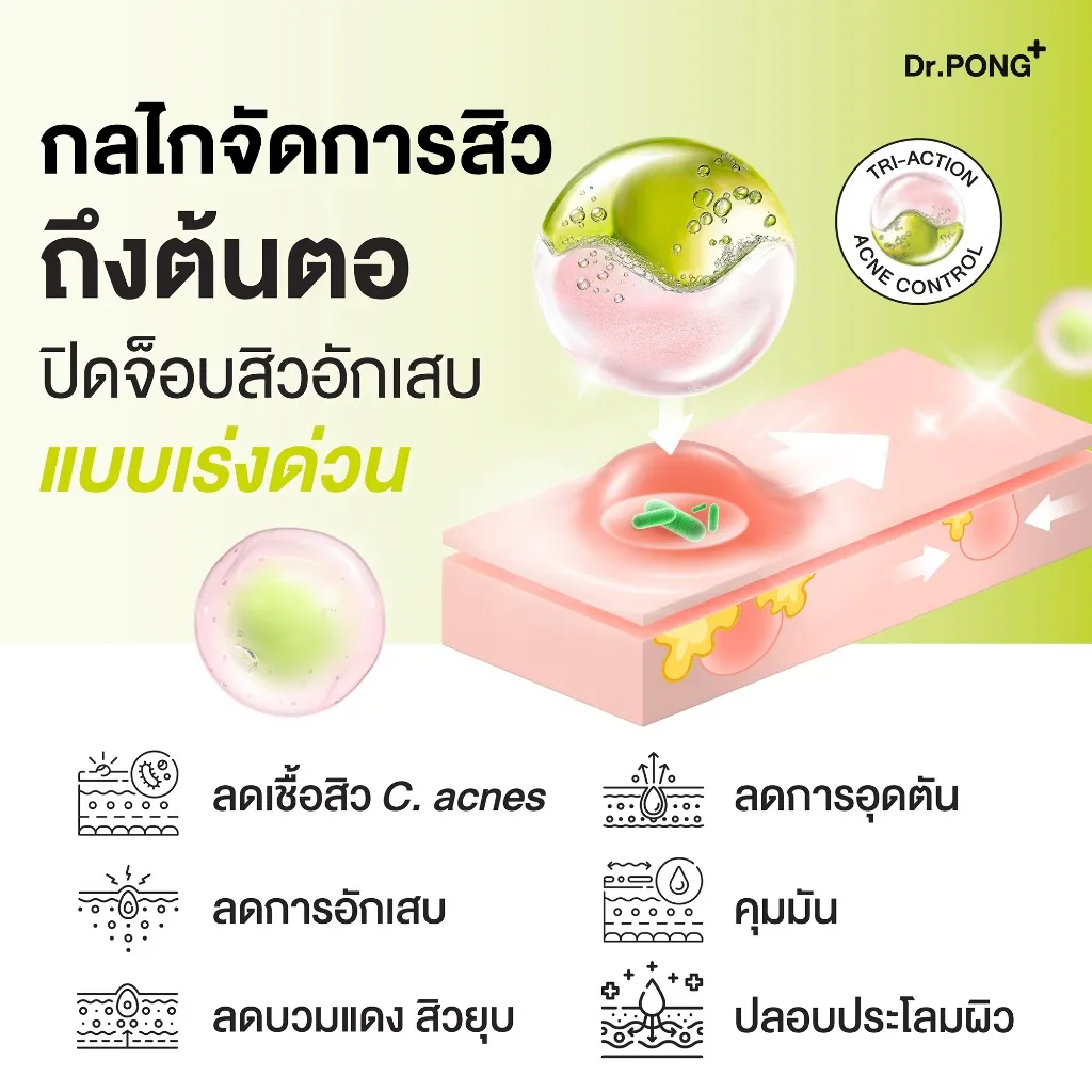 กราฟิกตัดขวางชั้นผิวพร้อมลูกศรและไอคอน 6 ข้อ อธิบายการทำงานแบบไตรแอคชัน โทนเขียว