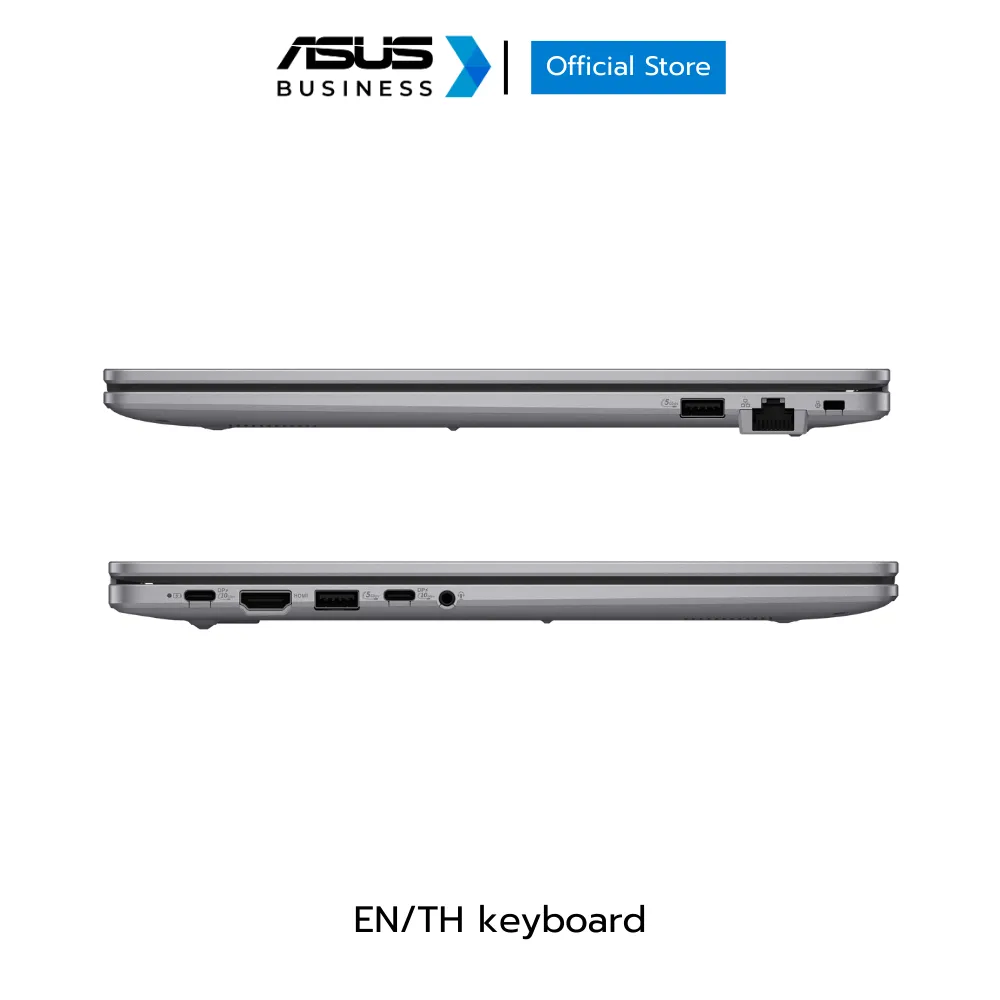 ภาพด้านข้างโชว์พอร์ตเชื่อมต่อสองฝั่ง พร้อมช่อง LAN และ USB หลายช่อง บนพื้นหลังขาว
