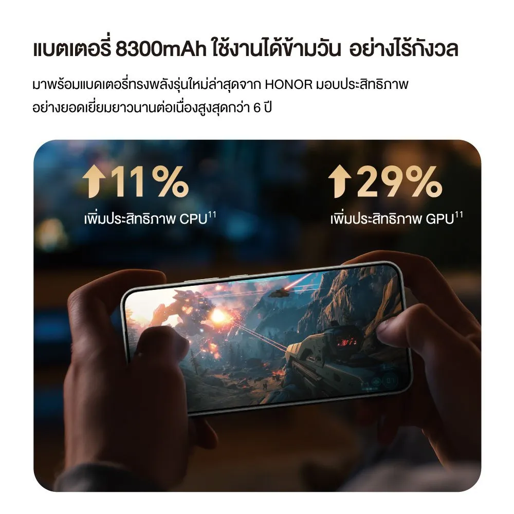 สาธิตการเล่นเกมบนหน้าจอแนวนอน พร้อมตัวเลขเพิ่มประสิทธิภาพ CPU 11% และ GPU 29% เพื่อความลื่นไหล