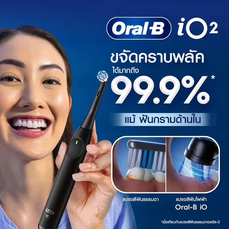 นางแบบถือ แปรงสีฟันไฟฟ้า Oral B iO2 พร้อมข้อความขจัดคราบพลัค 99.9% และกรอบเปรียบเทียบการทำความสะอาด