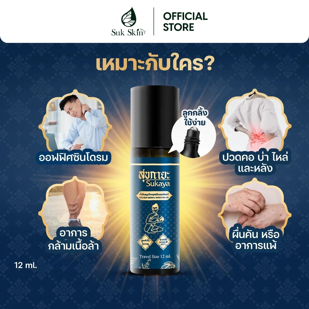 กราฟิกหัวข้อเหมาะกับใคร มีคนจับคอ คนปวดหลัง ขาเมื่อย และมือมีผื่น พร้อมภาพสินค้าอยู่กลาง