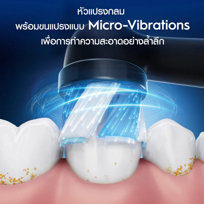 กราฟิกหัวกลมของ แปรงสีฟันไฟฟ้า Oral B iO2 สั่นแบบ Micro-Vibrations ช่วยทำความสะอาดซอกฟันอย่างล้ำลึก