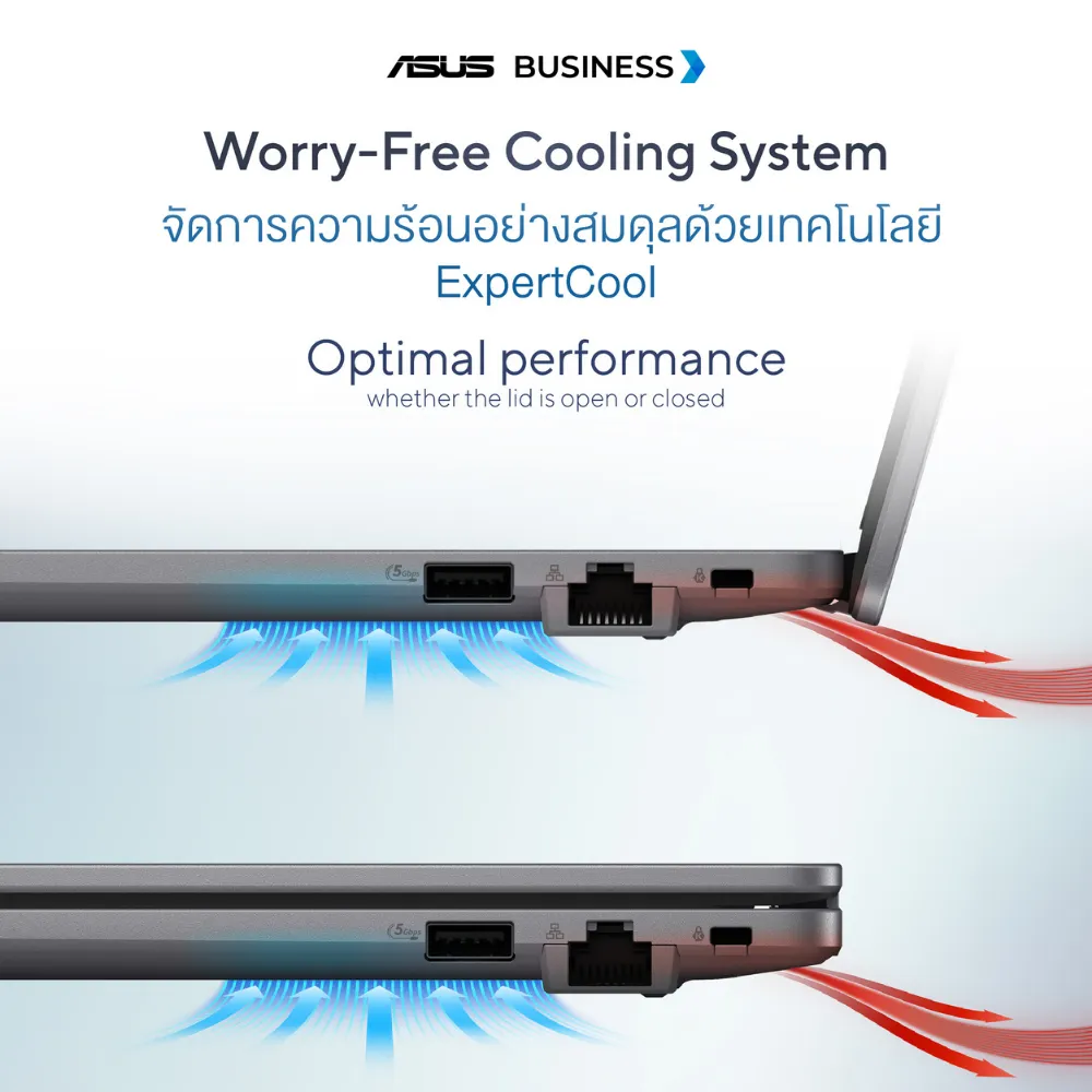 อินโฟกราฟิก โน้ตบุ๊ก ASUS ExpertBook P1 P1503CVA แสดงการไหลเวียนอากาศระบบ ExpertCool ขณะเปิด-ปิดฝา