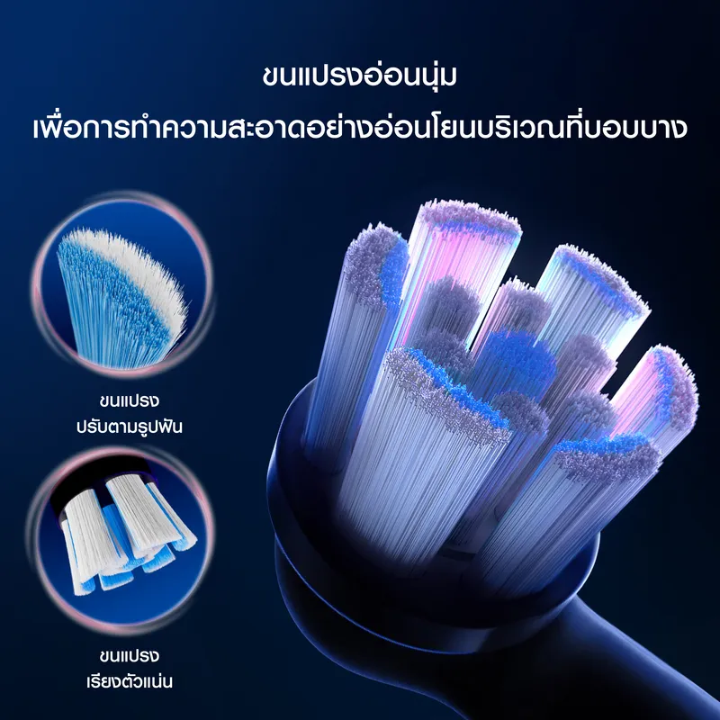 มุมใกล้เส้นใยปลายสีฟ้าและม่วง จัดเรียงแน่น เพื่อทำความสะอาดอย่างอ่อนโยนบริเวณขอบเหงือก