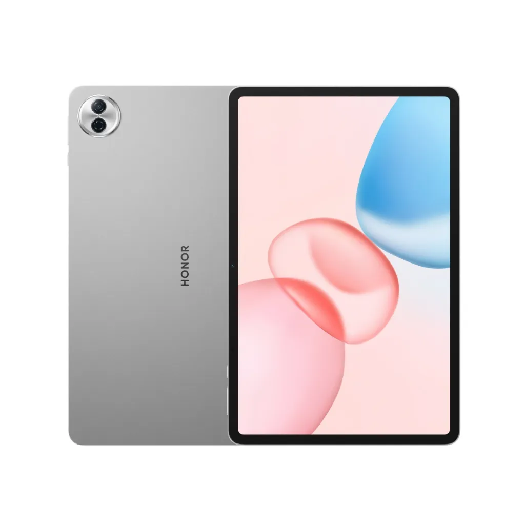 ตัวเครื่องสีเงินโชว์ด้านหน้าและด้านหลังของ HONOR Pad 10 5G 8GB 256GB บนพื้นหลังขาว