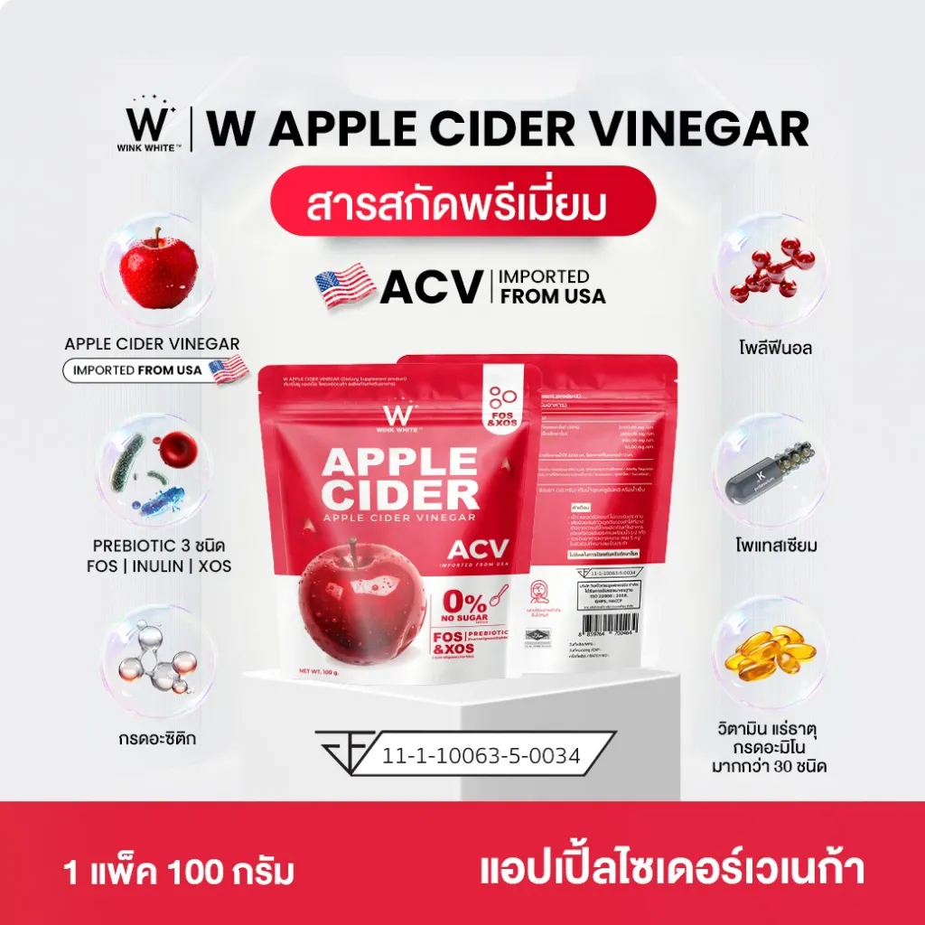 อินโฟกราฟิกสรุปจุดเด่น WINK WHITE Apple Cider Vinegar วัตถุดิบพรีเมียม พรีไบโอติก 3 ชนิด ขนาด 100 กรัม