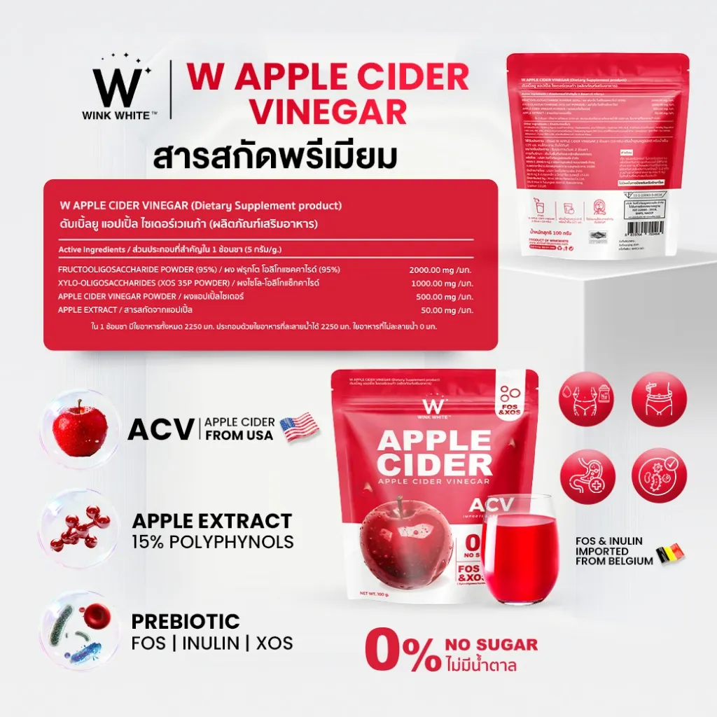 ภาพข้อมูลส่วนประกอบและจุดเด่นของ WINK WHITE Apple Cider Vinegar ระบุพรีไบโอติก และสูตรไม่มีน้ำตาล