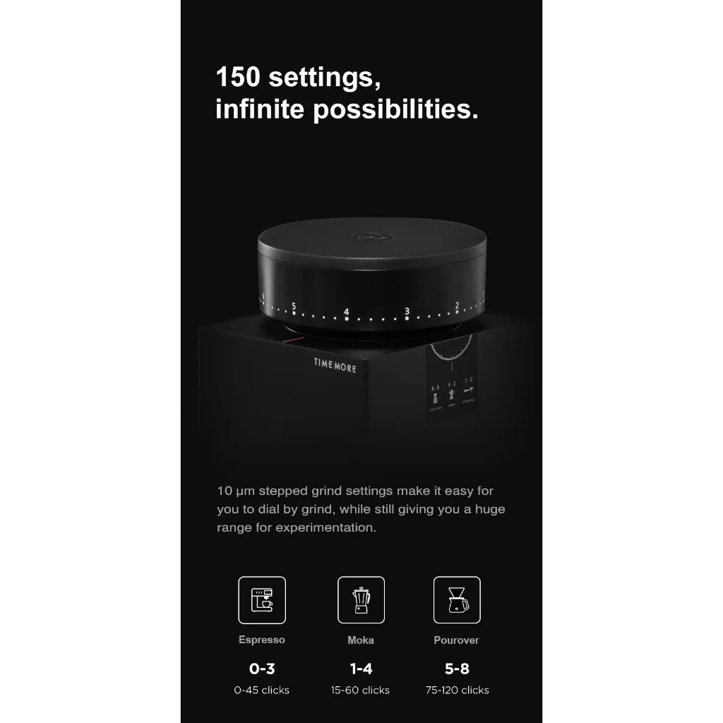 หน้าปัดปรับความละเอียด 150 ระดับของ เครื่องบดกาแฟไฟฟ้า Timemore Bricks 01S พร้อมไอคอนเอสเปรสโซและดริป