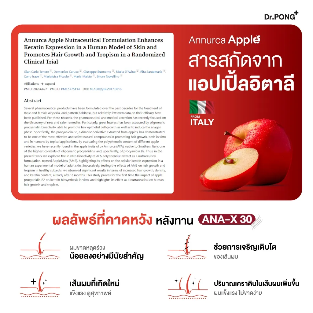กราฟิกพื้นแดงโชว์บทความงานวิจัยและภาพแอปเปิ้ล พร้อมไอคอนผลลัพธ์ที่คาดหวังหลังทาน ระบุ Dr PONG ANA X 30