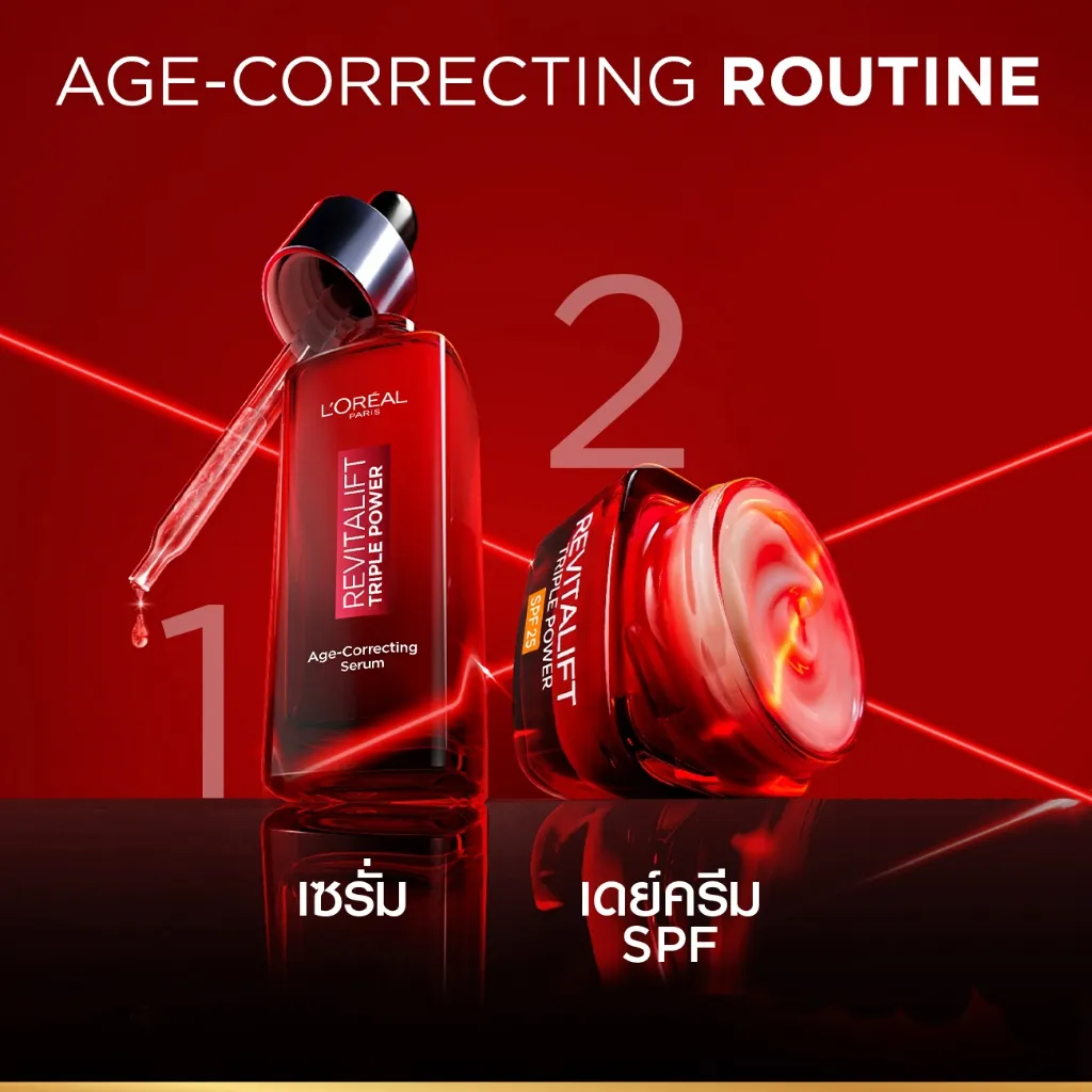 ชุดบำรุงคู่เซรั่มและ ลอรีอัล รีไวทัลลิฟท์ ทริปเปิล พาวเวอร์ เดย์ครีม SPF25 ในภาพรูทีนดูแลผิว