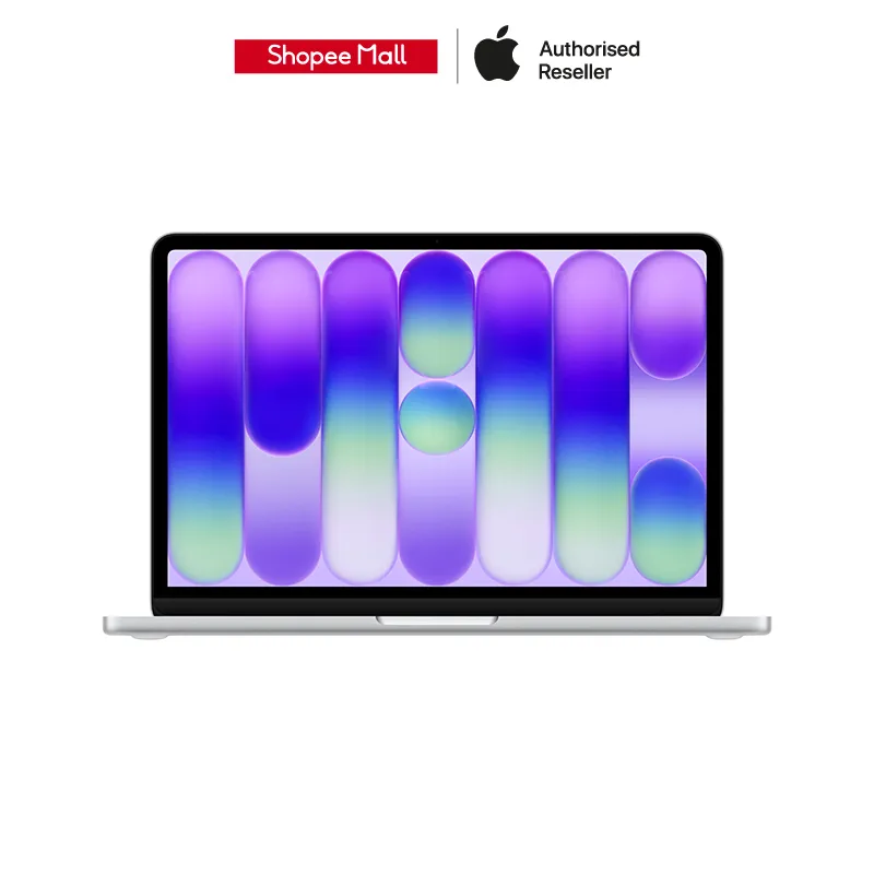 Apple MacBook Neo 13 นิ้ว สีเงิน เปิดหน้าจอมุมตรง พร้อมวอลเปเปอร์โทนม่วงบนพื้นหลังสีเทา