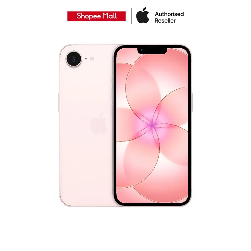 Apple iPhone 17e 256GB สีชมพูอ่อน โชว์ด้านหน้าและด้านหลังบนพื้นขาว พร้อมป้ายร้านด้านบน