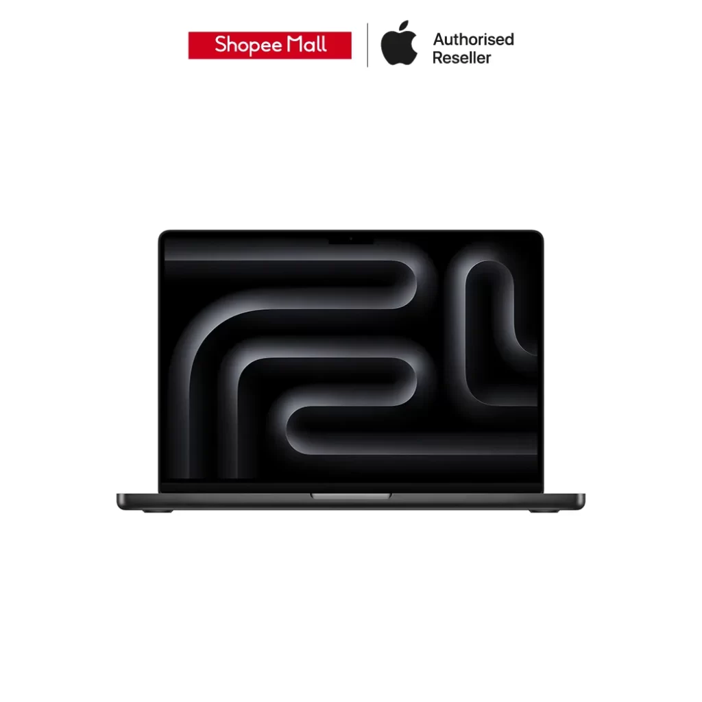 เครื่องสีดำด้านเปิดหน้าจอลายเส้นโค้งสีเข้ม มุมมองตรงกลางบนพื้นหลังเทา MacBook Pro M5 14 นิ้ว
