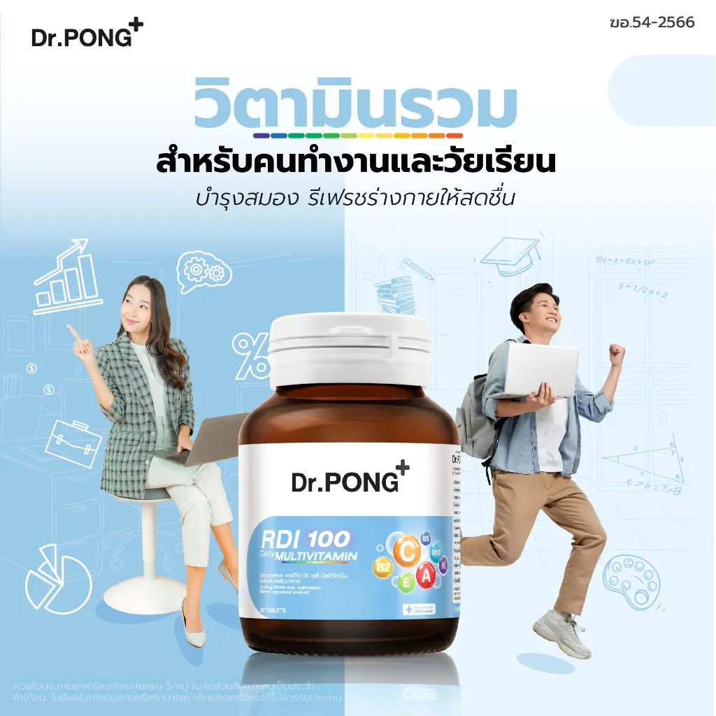 โปสเตอร์ วิตามินรวม Dr.Pong RDI100 สำหรับคนทำงานและวัยเรียน มีหญิงนั่งโต๊ะและชายกระโดดดีใจข้างขวด