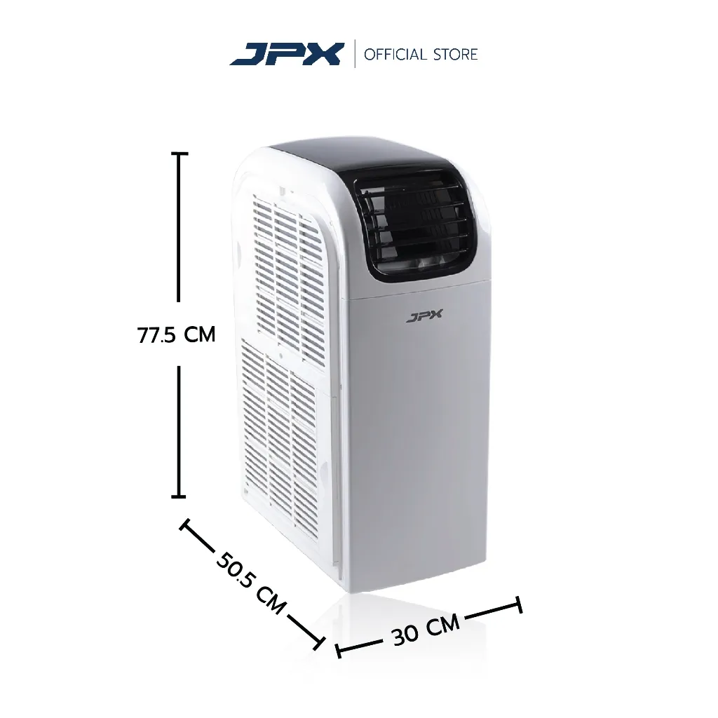 แอร์เคลื่อนที่ JPX 15000 BTU มุมเฉียงด้านหน้า แสดงขนาดตัวเครื่องสูง 77.5 ซม. ลึก 50.5 ซม. กว้าง 30 ซม.