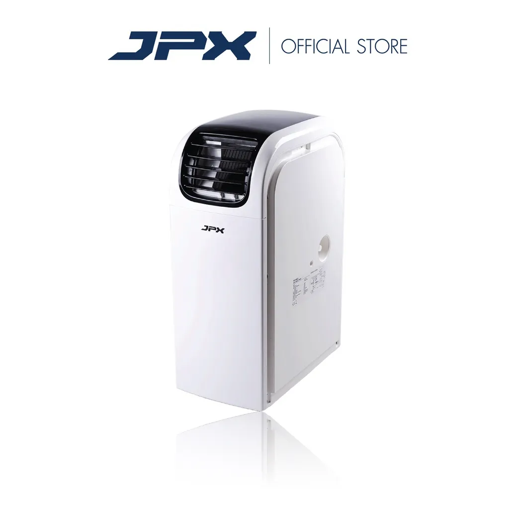 แอร์เคลื่อนที่ JPX 15000 BTU สีขาวมุมด้านข้าง เห็นช่องลมด้านหน้าและตัวเครื่องทรงสูงพื้นหลังสีเทาอ่อน