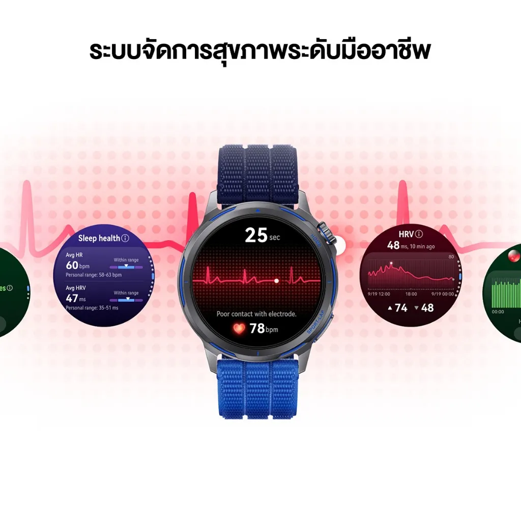 หน้าจอกลางแสดงคลื่นหัวใจและชีพจร 78 bpm รายล้อมด้วยข้อมูลการนอน HRV และค่าติดตามสุขภาพหลายแบบ