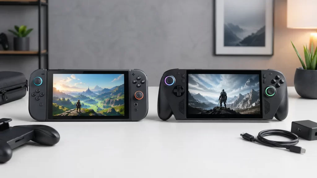 Nintendo Switch 2 vs ROG Xbox Ally X วางคู่กันบนโต๊ะรีวิวเครื่องเกมพกพาโทนทันสมัย