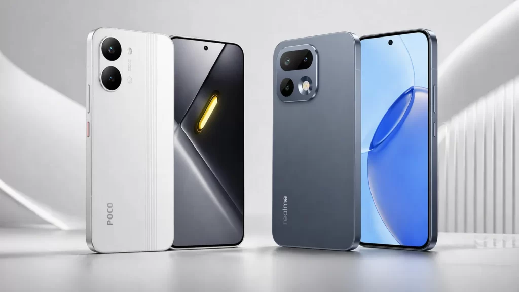POCO X8 Pro Max vs realme 16 Pro 5G วางคู่กันในสตูดิโอสำหรับบทความเปรียบเทียบมือถือ
