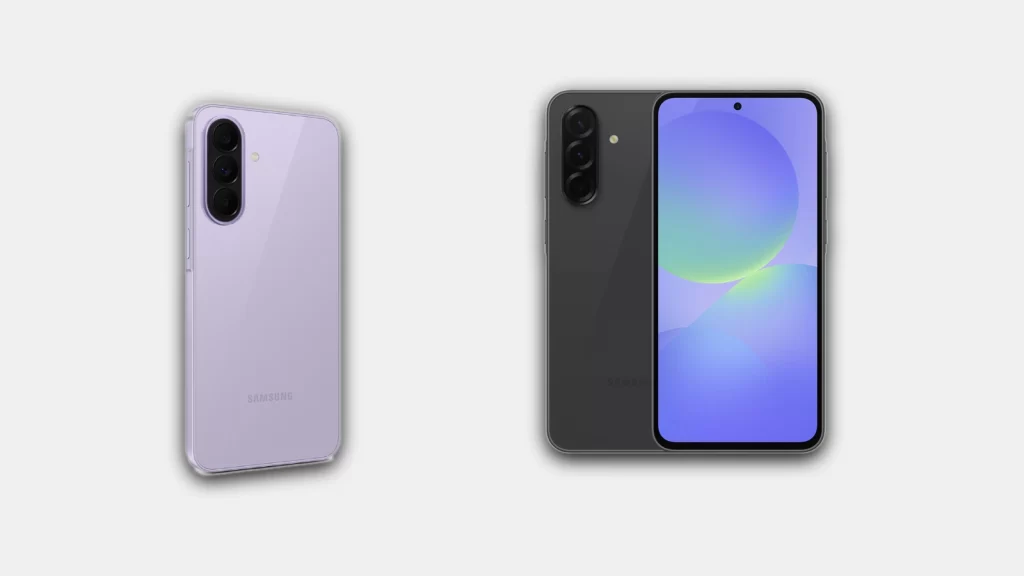 Samsung Galaxy A37 vs A36 วางเทียบกันบนพื้นหลังสีเทาอ่อน โดยเครื่องซ้ายสีลาเวนเดอร์และเครื่องขวาสีเทาเข้ม