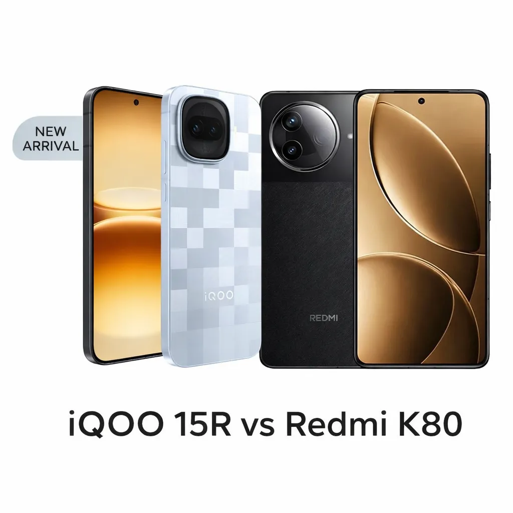 สมาร์ทโฟน iQOO 15R และ Redmi K80 วางคู่กันบนพื้นหลังสีอ่อน เหมาะเป็นภาพหลักของ iQOO 15R vs Redmi K80