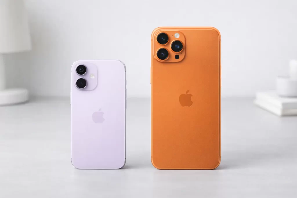 iPhone 17 vs iPhone 17 Pro Max วางคู่กันบนโต๊ะสีอ่อน เห็นด้านหลังของตัวเครื่องสีม่วงอ่อนและสีส้มอย่างชัดเจน