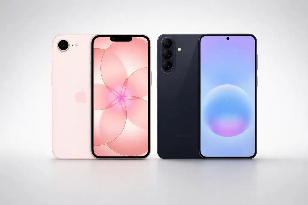 มุมเทียบตัวเครื่องด้านหน้าและด้านหลังของ iPhone 17e vs Samsung Galaxy A57 บนฉากสีเทาอ่อนแบบมินิมอล