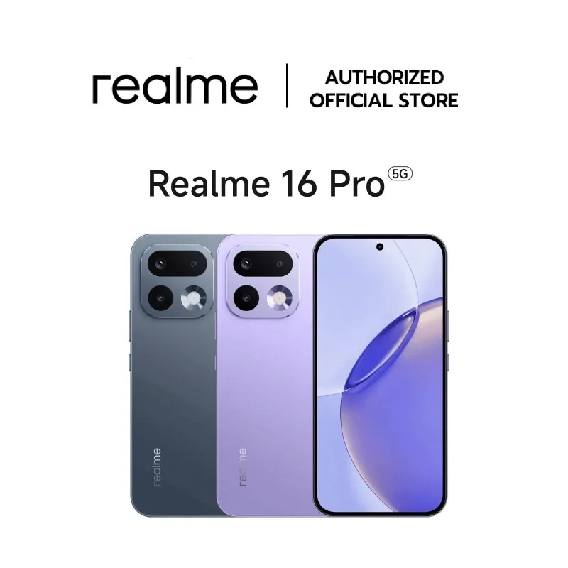 realme 16 Pro 5G เครื่องสีม่วงและสีเทาวางคู่กับเครื่องด้านหน้า บนพื้นหลังสีอ่อนแบบมินิมอล