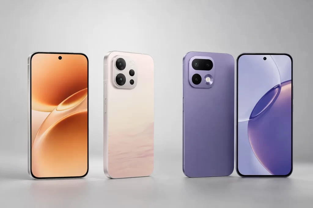 มุมหน้าและหลังของ vivo V70 vs realme 16 Pro 5G บนฉากเทาอ่อนแบบมินิมอล