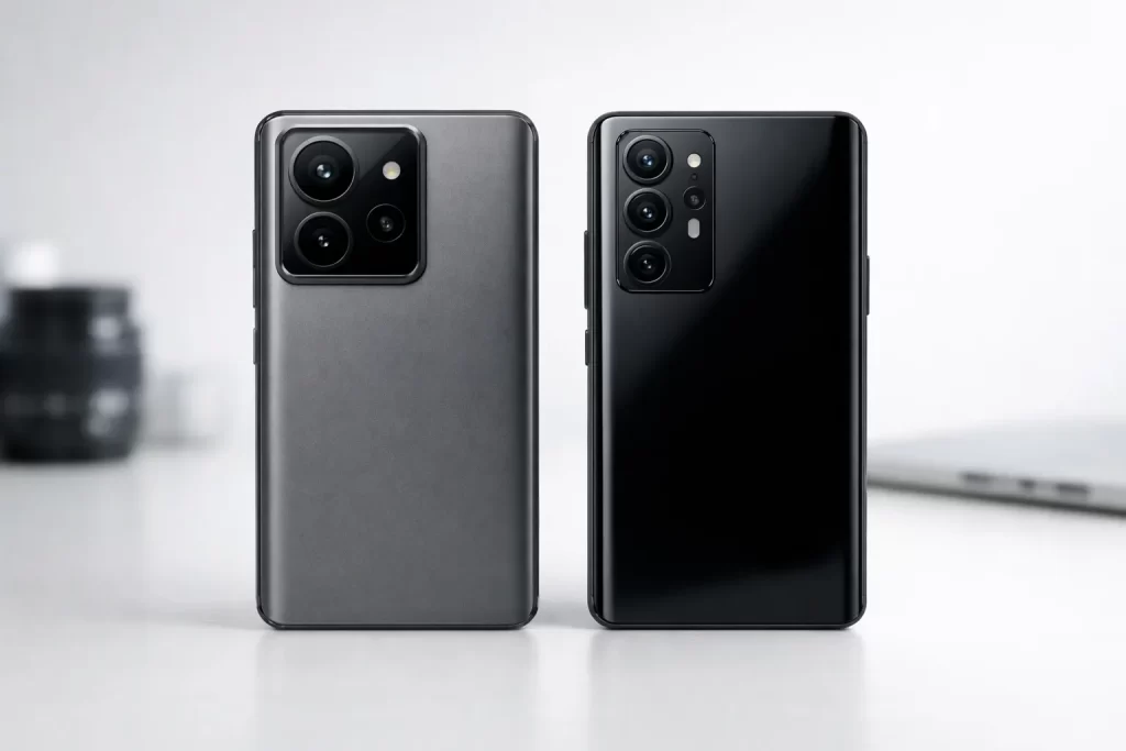 สมาร์ทโฟนสองเครื่องบนโต๊ะสีขาว สื่อว่า ทำไมมือถือ 50MP บางรุ่นถ่ายดีกว่า 200MP ในการใช้งานจริง
