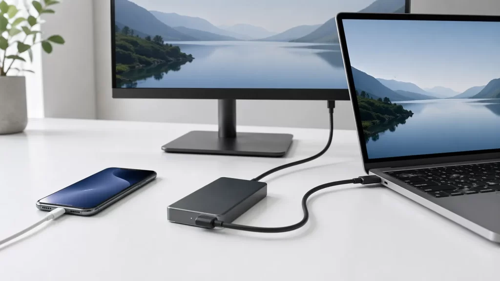 โต๊ะทำงานมินิมอลที่จัดวาง พอร์ต USB-C กับสาย USB-C ร่วมกับมือถือ โน้ตบุ๊ก อุปกรณ์เก็บข้อมูล และจอ