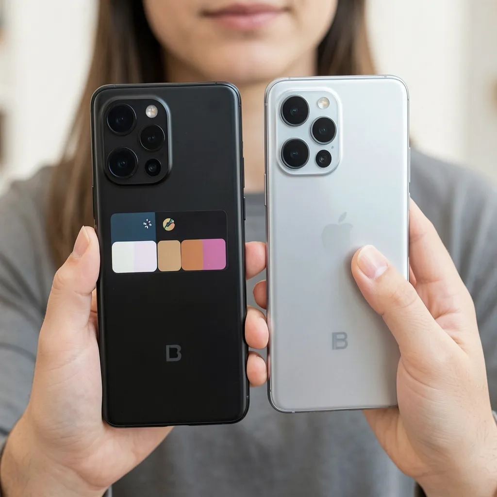 วิธีเลือกซื้อมือถือ เริ่มจากเปรียบเทียบเครื่องสีดำและสีเงินที่ถือไว้คู่กัน ดูดีไซน์ ขนาด และกล้องหลัง