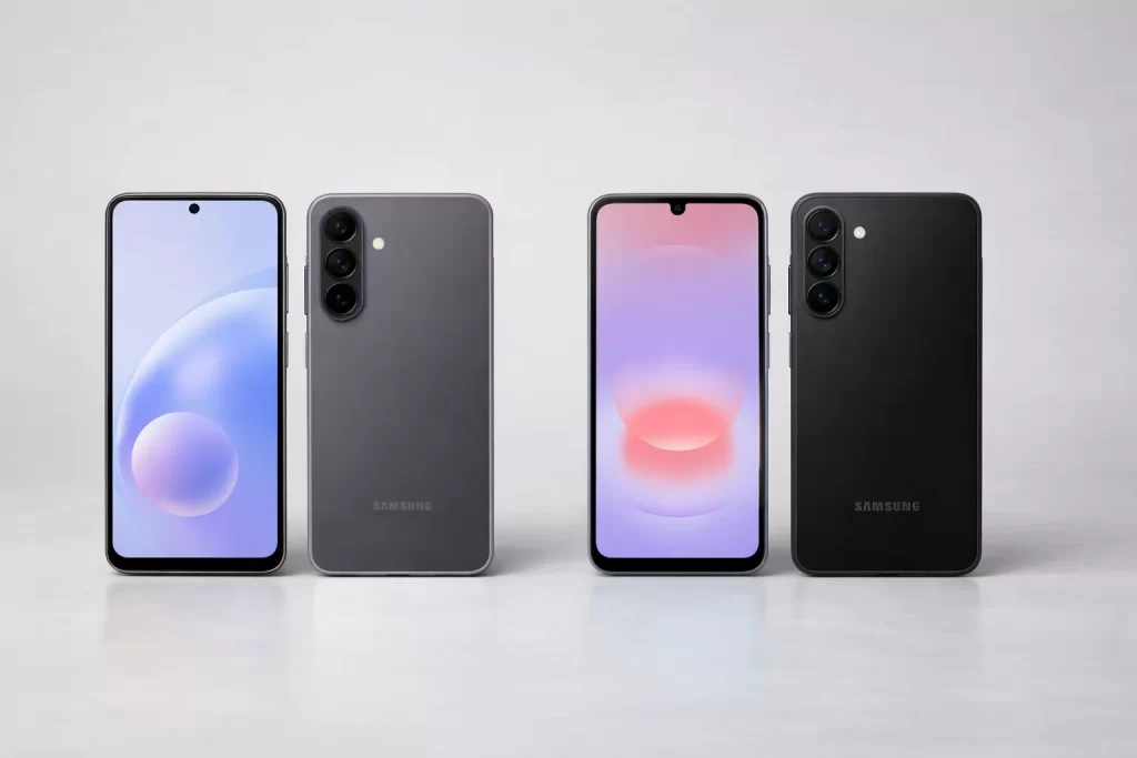 เทียบรุ่น Samsung Galaxy A57 vs A37 แบบเห็นตัวเครื่องด้านหน้าและด้านหลังบนพื้นหลังสีเทาอ่อน