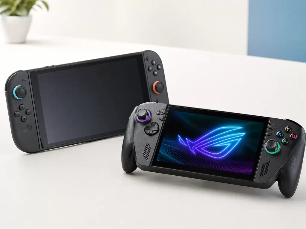 Nintendo Switch 2 vs ROG Xbox Ally X มุมใกล้เห็นดีไซน์ ปุ่มควบคุม และขนาดตัวเครื่องชัดเจน