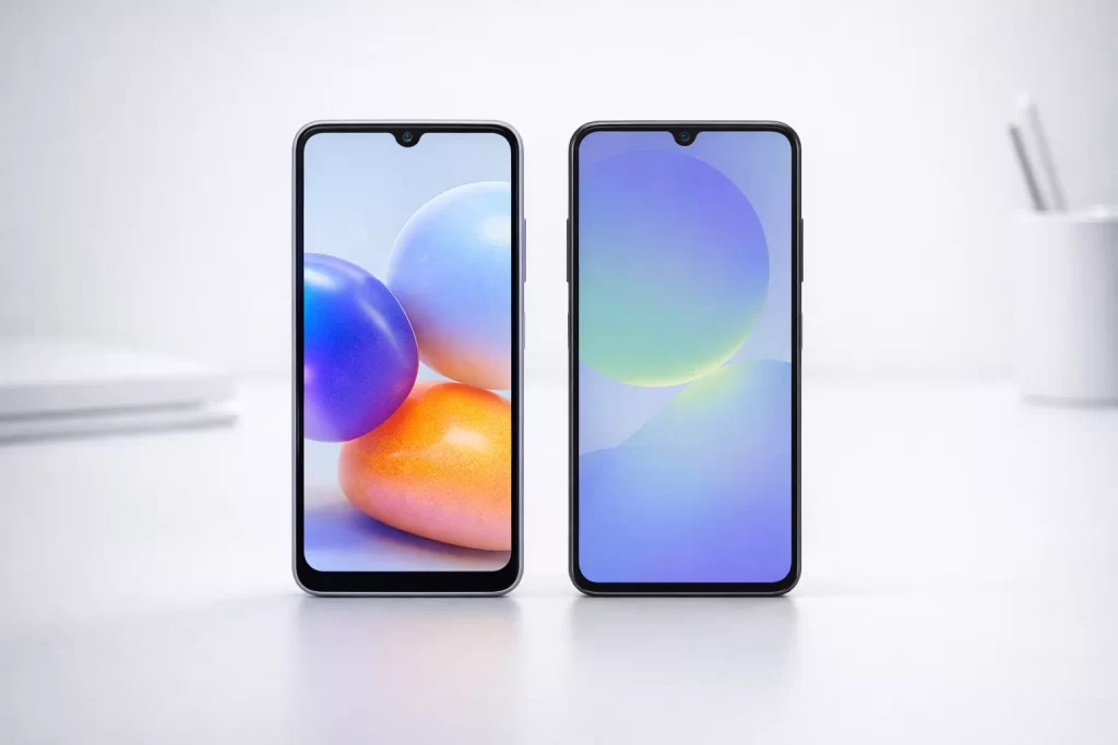 Samsung Galaxy A37 vs A36 ตั้งคู่กันบนโต๊ะสีอ่อน โดยหน้าจอทั้งสองเครื่องแสดงโทนสีต่างกันเล็กน้อย